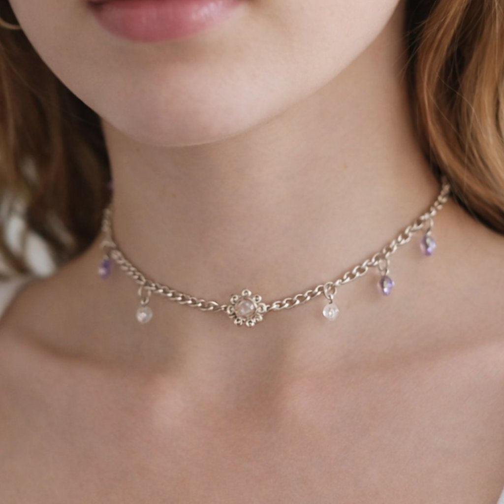 Y2k 2000s Cute Handmade Silver Tone Pink & Purple Crystal Bead Choker With Clasp